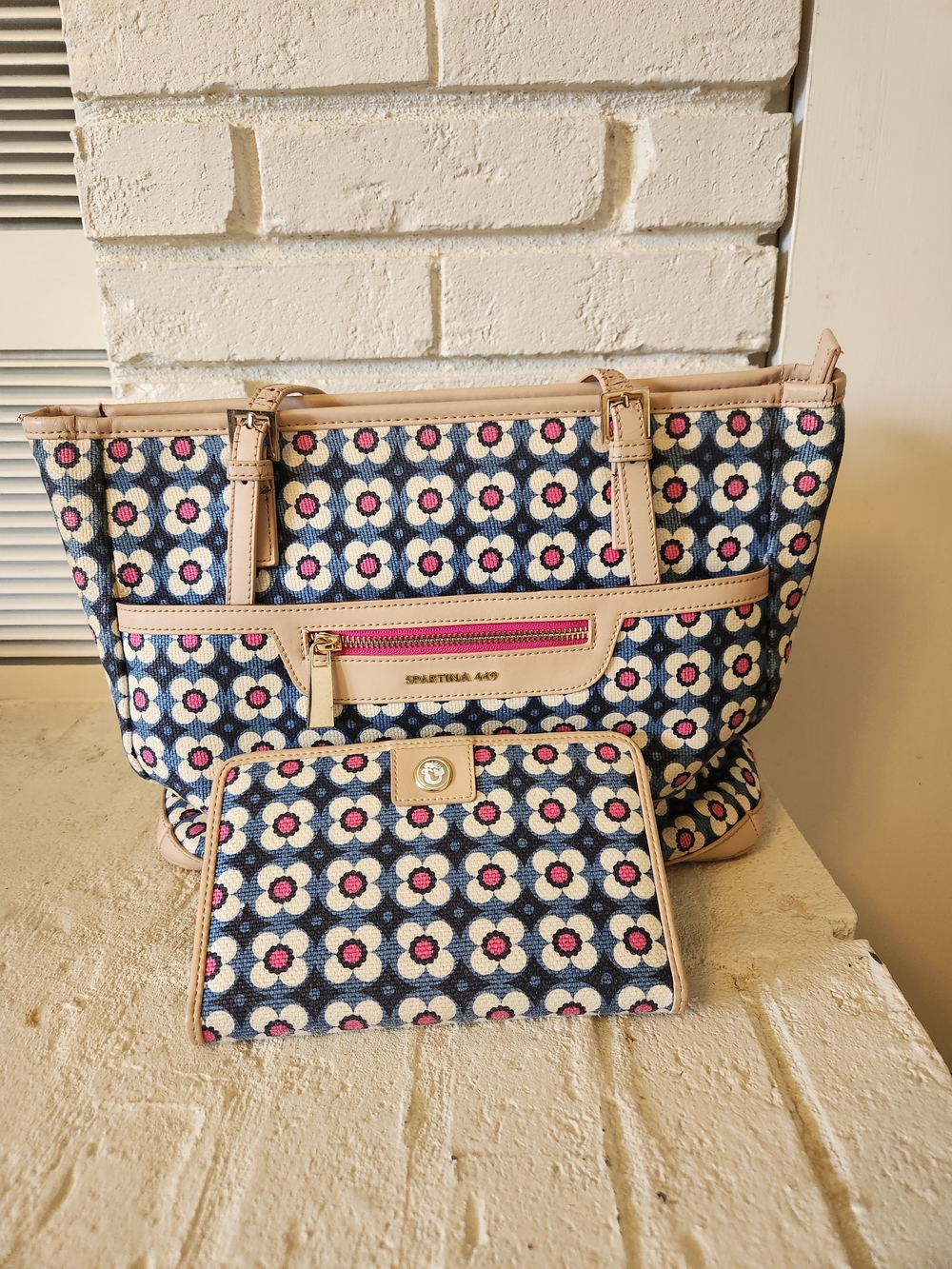 Spartina 449 Floral Tote Bag & Matching Wallet Blue Pink 2 Piece Set